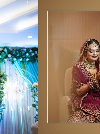 A glimpse into a Muslim wedding, showing the bride in her stunning reception look. This collage captures both a full portrait and a quiet, seated pose.