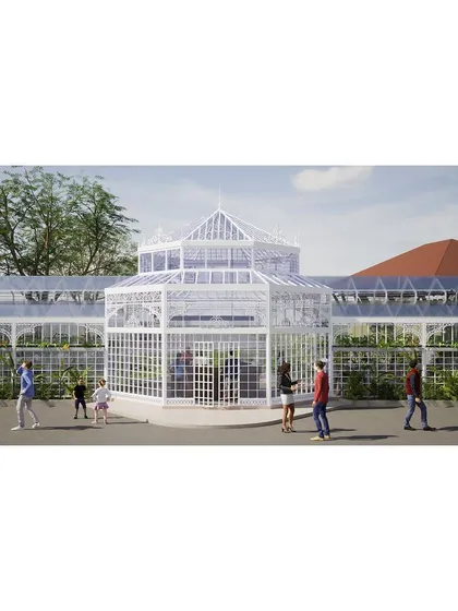 Our adaptive reuse strategy for an 18th-century palace complex involves reimagining derelict spaces. Here, a miniature glasshouse is revitalized as part of a new recreational destination, blending heritage with contemporary programs.