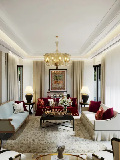 Another perspective of the traditional living room, emphasizing the high ceilings and elegant drapery that frame the space.