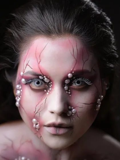 A hauntingly beautiful horror look, combining face paint with pearl embellishments to create a unique and artistic creature.