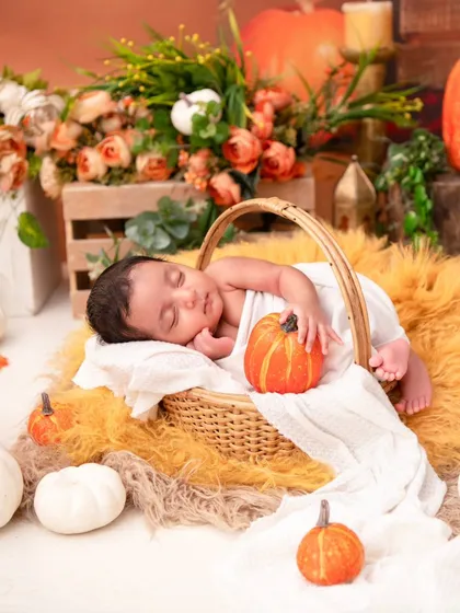A newborn sleeps in a basket surrounded by pumpkins and autumn foliage. This image showcases our seasonal theme capabilities, perfect for celebrating the time of year your baby was born.