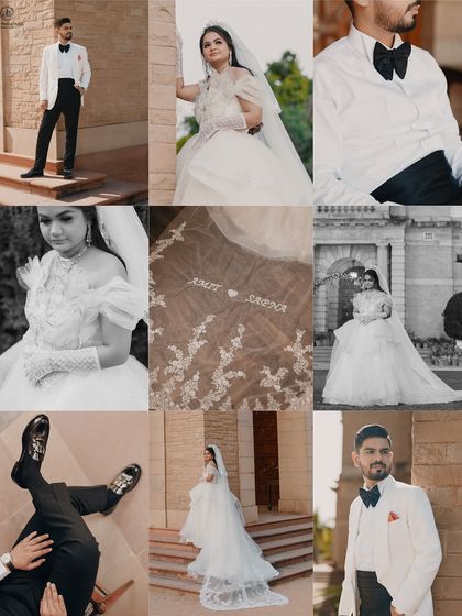 This collage showcases the entire wedding aesthetic. You can see close ups of the bride's soft glam makeup and the personalized detail on her veil.