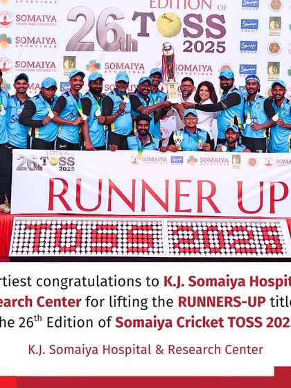 The runners-up of the 26th Somaiya Cricket TOSS, K.J. Somaiya Hospital & Research Center, with their trophy. We ensure every final is a grand occasion.