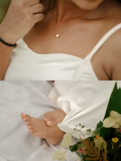 A collage of delicate details. The top frame shows a simple heart necklace, while the bottom frame captures the tiny, perfect feet of a baby, representing the love and new life at the heart of the family.