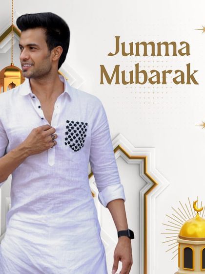 Jumma Mubarak. A model in a modern white kurta with a checkered pocket, ready for Friday prayers. This outfit is a perfect blend of contemporary style and traditional observance.