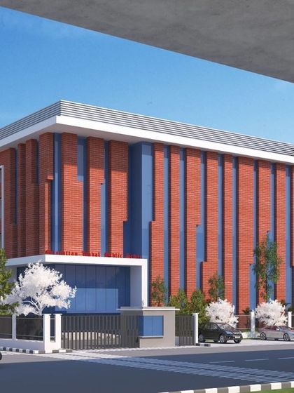 A street-level rendering of the educational building, illustrating its presence in an urban context. The design provides a modern architectural statement with its strong vertical lines and material contrast.