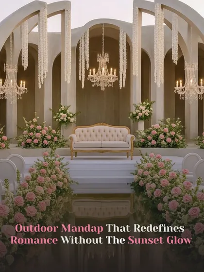 This concept shows an "Outdoor Mandap That Redefines Romance" without relying on a sunset. The architectural arches, chandeliers, and soft florals create a magical evening setting.