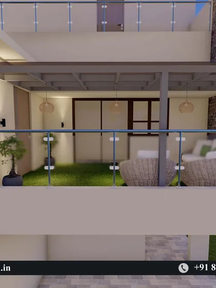 An exterior view of the balcony design, showing how the pergola and glass railing create a modern and inviting space.