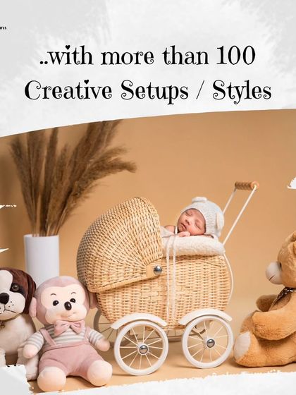 An informational graphic highlighting my 100+ creative setups, featuring a baby in a wicker pram prop with stuffed animals.
