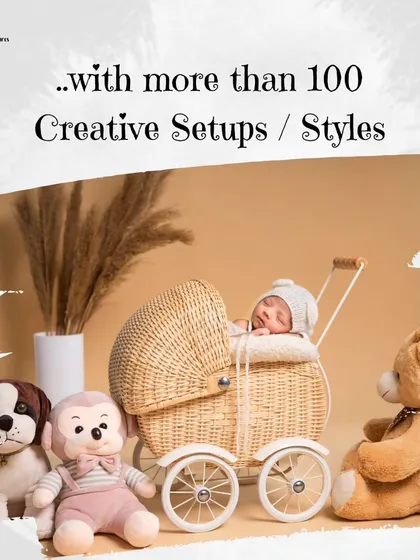 An informational graphic highlighting my 100+ creative setups, featuring a baby in a wicker pram prop with stuffed animals.