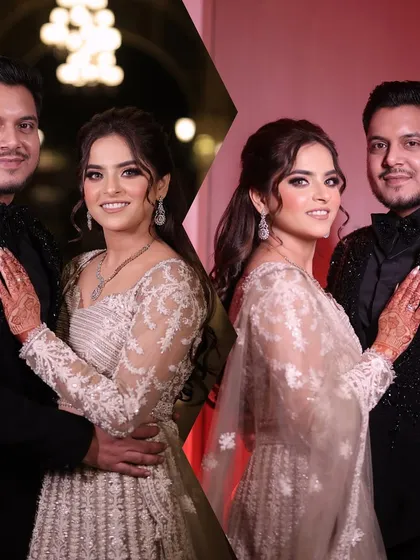 A beautiful couple portrait from an engagement ceremony. The bride's soft glam makeup looks stunning next to her partner's sharp attire.