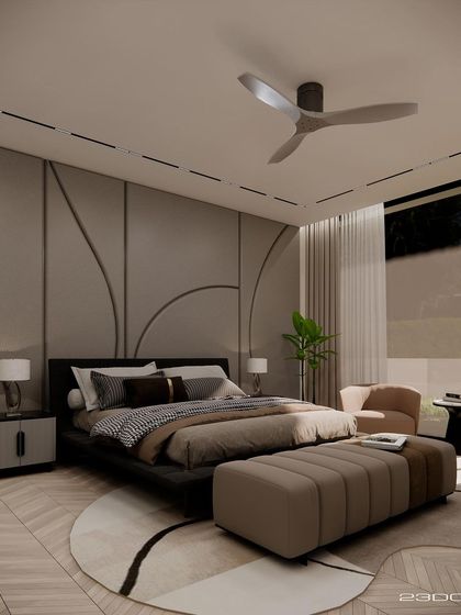 The design of this bedroom in the Meraki project focuses on texture and warmth. The combination of wood flooring, a custom area rug, and paneled walls creates a cozy yet sophisticated retreat.