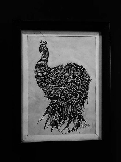 A royal peacock with a crown, its feathers a canvas for complex and beautiful patterns.