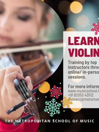 Learn the violin with our top instructors through either online or in-person sessions. This image captures the elegance and focus required to master the instrument, a journey we guide you on every step of the way.