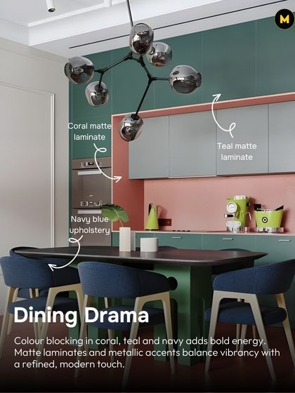 This dining area is full of drama and energy. Colour blocking with coral, teal, and navy blue is balanced by the refined, modern touch of matte laminates and metallic accents.