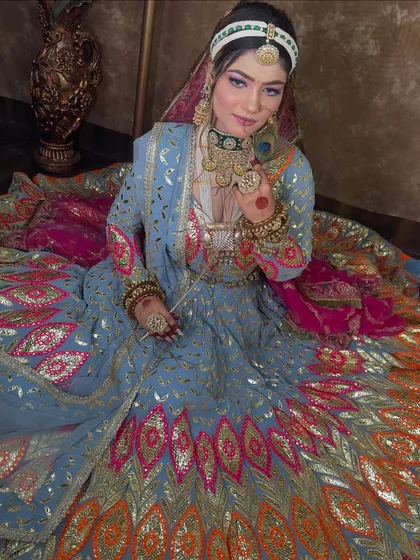 Another beautiful shot of the multi-color embroidery on this unique blue lehenga. It’s a piece that is sure to get you lots of compliments.
