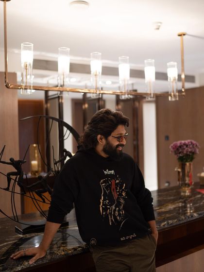 Another shot of the custom Huemn hoodie, a key piece in the 'Pushpa 2' promotional wardrobe I designed.