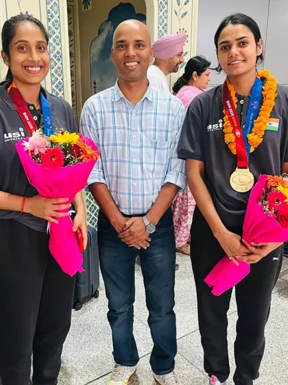 A champion's welcome. We were honored to greet our gold medalists Pooja Yadav and Khushboo Yadav upon their return from the World Police and Fire Games in the USA.
