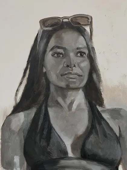 This is a Grisaille portrait, a study in monochrome values using oil on mount board. This technique allows me to focus purely on light, shadow, and form, creating a timeless and classic style of portraiture.