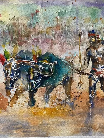 A dynamic watercolor painting of a Kambala buffalo race, a traditional festival in Karnataka. This piece was created to celebrate Karnataka Rajyotsava and the unique culture of my home state.