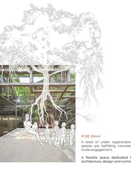 The now-revitalized IF.BE space, with the Banyan tree at its heart. The project is a flexible canvas for art, architecture, and design, inviting users and curators to formulate their own conversations with the space's unique light, volume, and material.