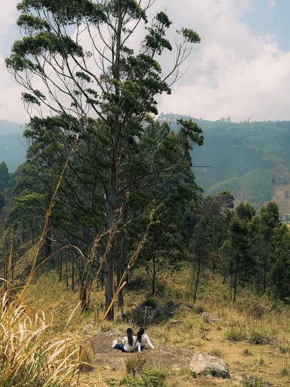 Two people sit on a rock in a quiet, forested area of Kodaikanal. It's these peaceful, shared moments that make a trip truly special.