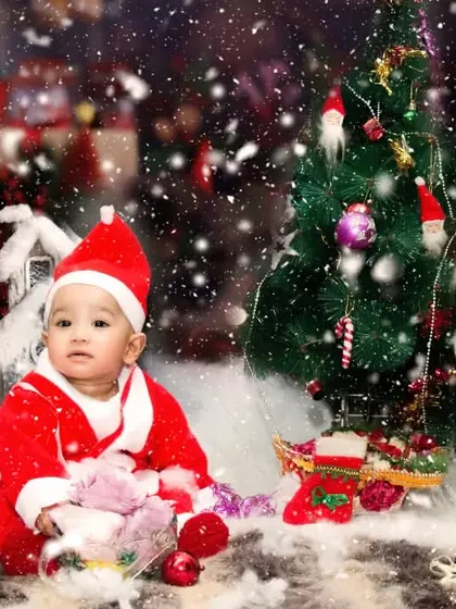 Celebrate the holidays with a festive Christmas themed photoshoot. This setup includes a snowy backdrop, a Christmas tree, and a cute Santa costume for your baby.