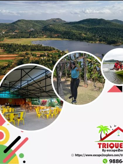 A wide shot showing our dining area, rope courses, and kayaking, giving a great overview of the landscape.