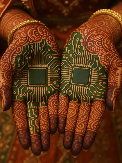 A close-up of henna-adorned hands with intricate circuit board patterns instead of traditional designs. This image is a simple but powerful fusion of tradition and technology.