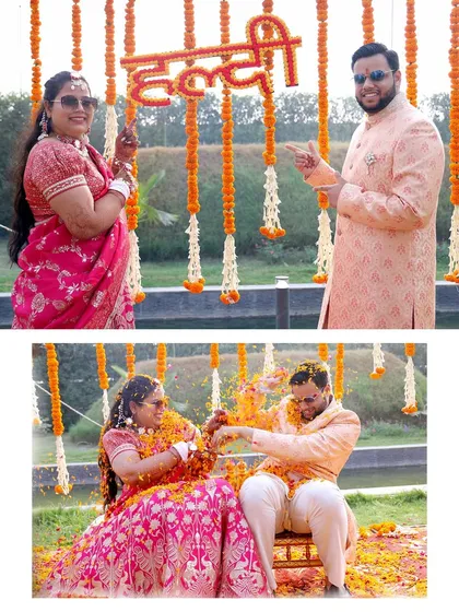 A collage of a fun-filled Haldi ceremony, with the couple playfully applying haldi and posing for the camera.