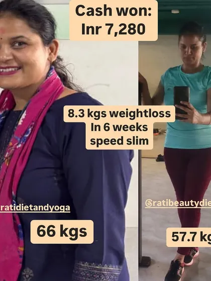 This client lost 8.3 kgs and won Rs 7,280. Her transformation is a testament to the power of consistent effort and a supportive community.