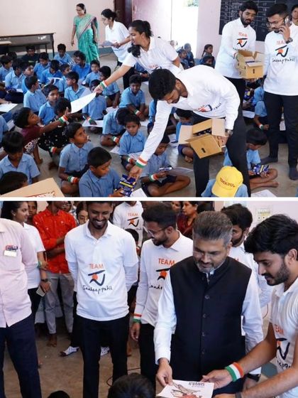 Team Sandeep Patil distributing art supplies to the students. Providing the right tools is the first step in unlocking a child's creative potential.