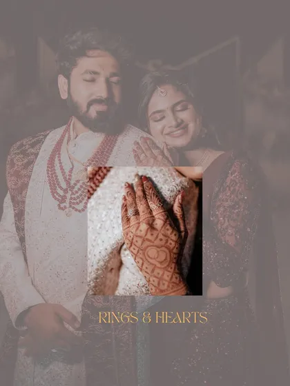 Rings and hearts. This artistic shot overlays a close-up of the bride's mehndi-adorned hand over a soft portrait of the couple, symbolizing their union.