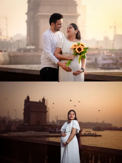 A pair of stunning maternity portraits taken at sunrise in Mumbai. The golden light and iconic backdrop create a truly magical atmosphere.