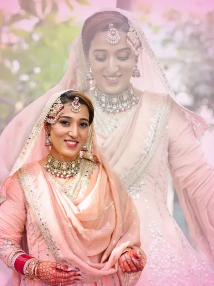 A creative double-exposure shot of the bride. Her makeup remains the focal point, with defined eyes and a flawless finish that looks beautiful in artistic photos.