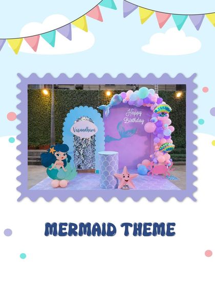 A whimsical Mermaid theme party setup. This outdoor decor features a lovely mermaid character cutout, a shimmering backdrop, and pastel balloon garlands to create an under-the-sea adventure.