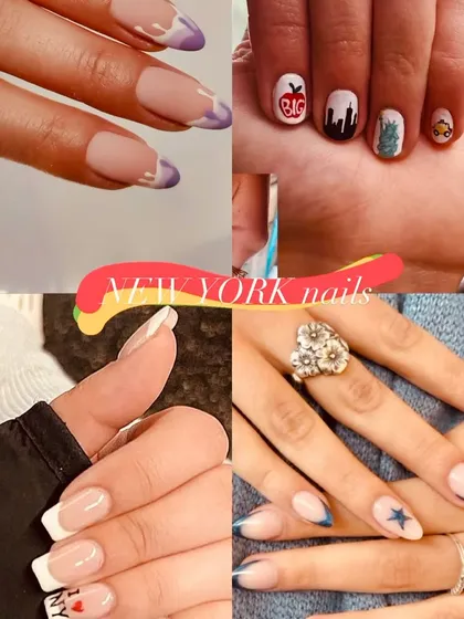 "New York nails" inspo, featuring cityscapes, stars, and classic I Love NY art.