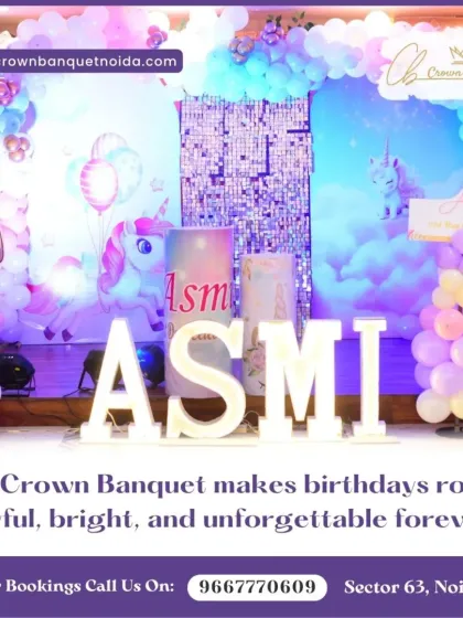 A magical unicorn-themed birthday setup. The pastel balloon arch, unicorn cutouts, and sequin backdrop create a dreamy and enchanting atmosphere for a child's party.
