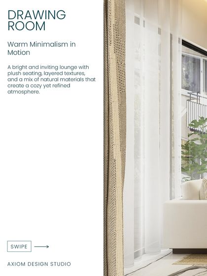 This drawing room embodies warm minimalism. Plush seating, layered textures, and a mix of natural materials create a cozy yet refined atmosphere.