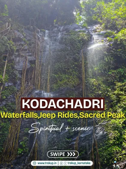 Kodachadri is presented as a spiritual and scenic trek, featuring waterfalls, jeep rides, and a sacred peak.