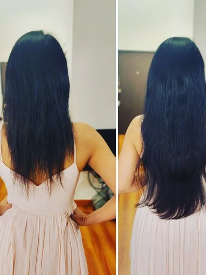 From a simple shoulder-length cut to long, flowing locks. This back view shows the seamless integration of the extensions.