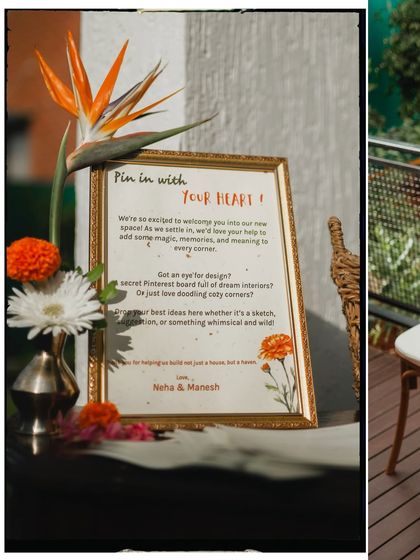 A "Pin In With Your Heart" board at a housewarming, inviting guests to share their decor ideas and wishes for the new home.