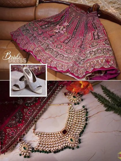 A collage of the bride's wedding details, including her embroidered lehenga, sparkling shoes, and heavy kundan necklace.