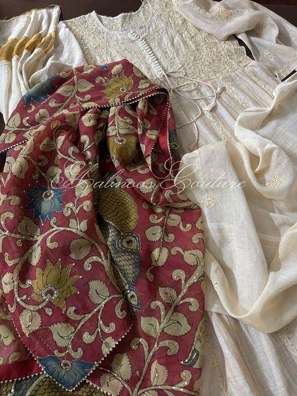 Another styling option, showing the Anarkali with the Kalamkari dupatta draped to highlight its vibrant colors.