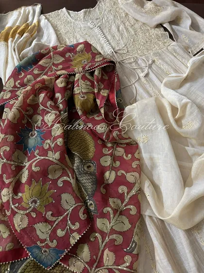 Another styling option, showing the Anarkali with the Kalamkari dupatta draped to highlight its vibrant colors.
