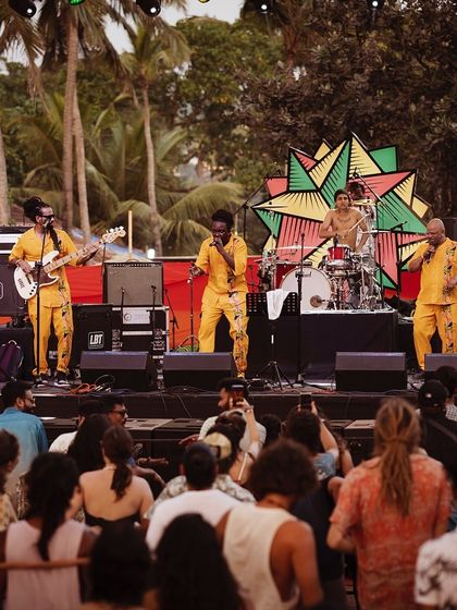 A daytime performance at Goa Sunsplash, with a full band bringing the vibes. Outdoor, daytime festivals have a unique energy that we love to cultivate.