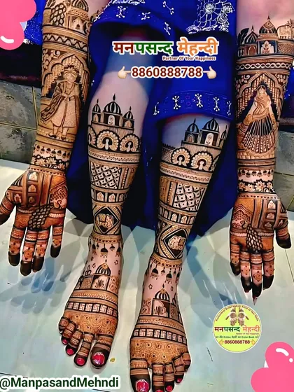 A complete bridal look, with stunningly intricate henna work covering the full arms and feet. This design features classic Rajasthani figures and architectural patterns, ensuring the bride looks perfect from every angle.
