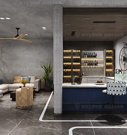 This angle highlights the bar area adjacent to the dining and lounge space, making it a fully equipped zone for entertainment.
