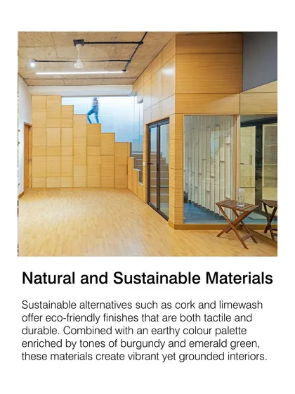 We use natural and sustainable materials like cork and bamboo to create interiors that are both tactile and durable. Combined with an earthy color palette, these materials create spaces that feel vibrant yet grounded.