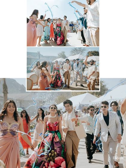 A collage capturing the grand and festive entrance of a couple at their wedding carnival. The energy of the guests and the couple's joy are palpable.